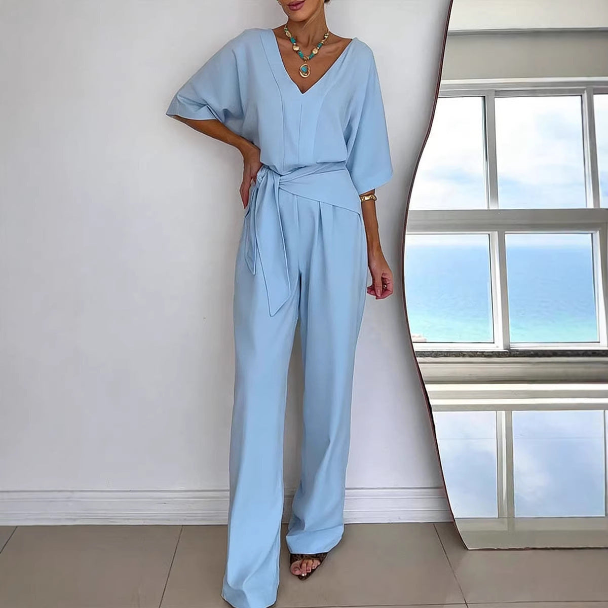 Damen Jumpsuit Tailliert Wickelgürtel Elegant