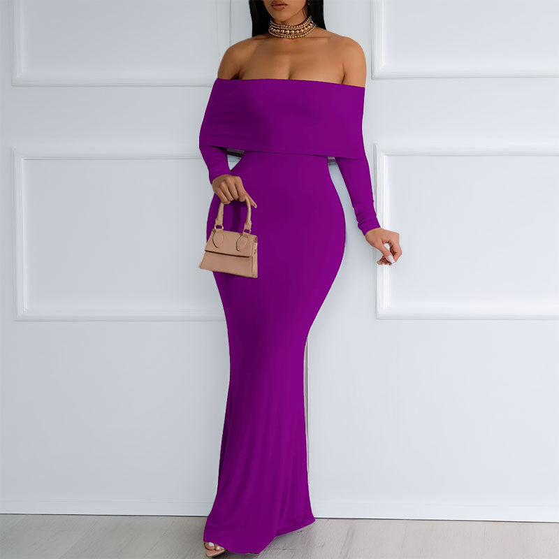 Damen Maxikleid Schulterfrei Langärmlig Norvielle
