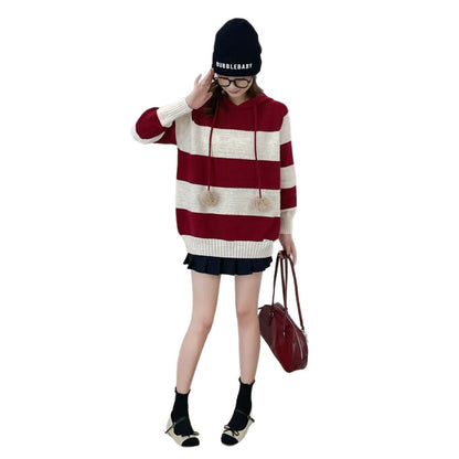 Damen Hoodie Gestreift Bommel Weiß