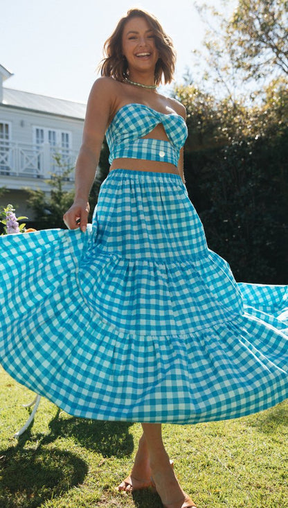 Damen Gingham Set Crop Voluminöser Rock