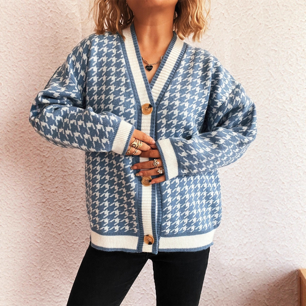 Damen Strickjacke Klassisches Hahnentritt-Muster Große Knöpfe