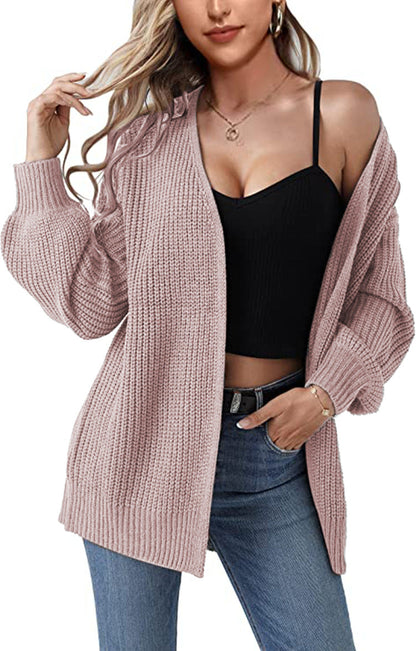 Damen Grobstrick Cardigan Lässig Offene Maschen Beige