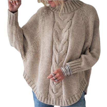 Damen Grobstrickpullover Rollkragen Zopfmuster Beige
