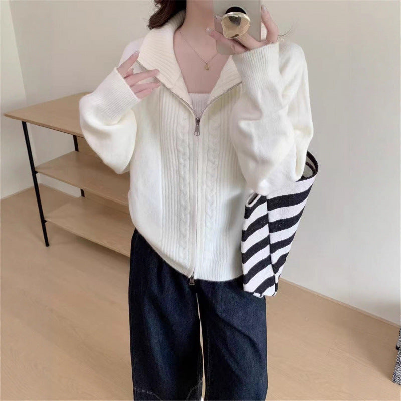 Damen Strickjacke Zippkragen Hochwertig Grün