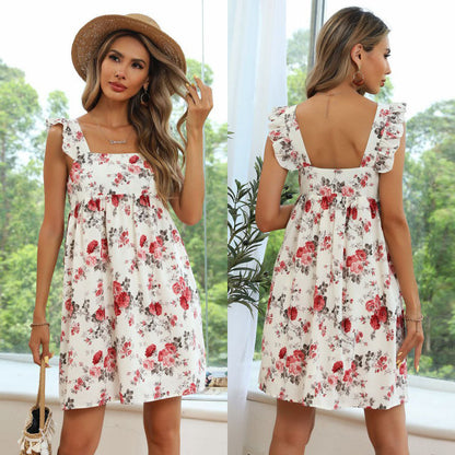 Damen Blumenkleid Elastischer Bund Rüschendetails Sommerlich