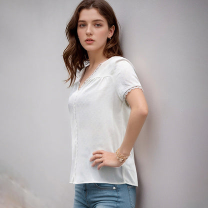 Damen Blusenshirt mit Spitzenakzent V-Ausschnitt Norvielle