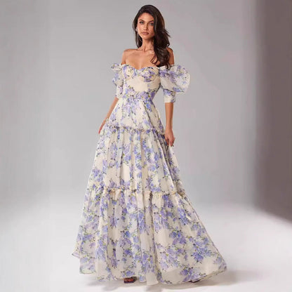 Damen Maxikleid Schulterfrei Rüschenärmel Floralmuster