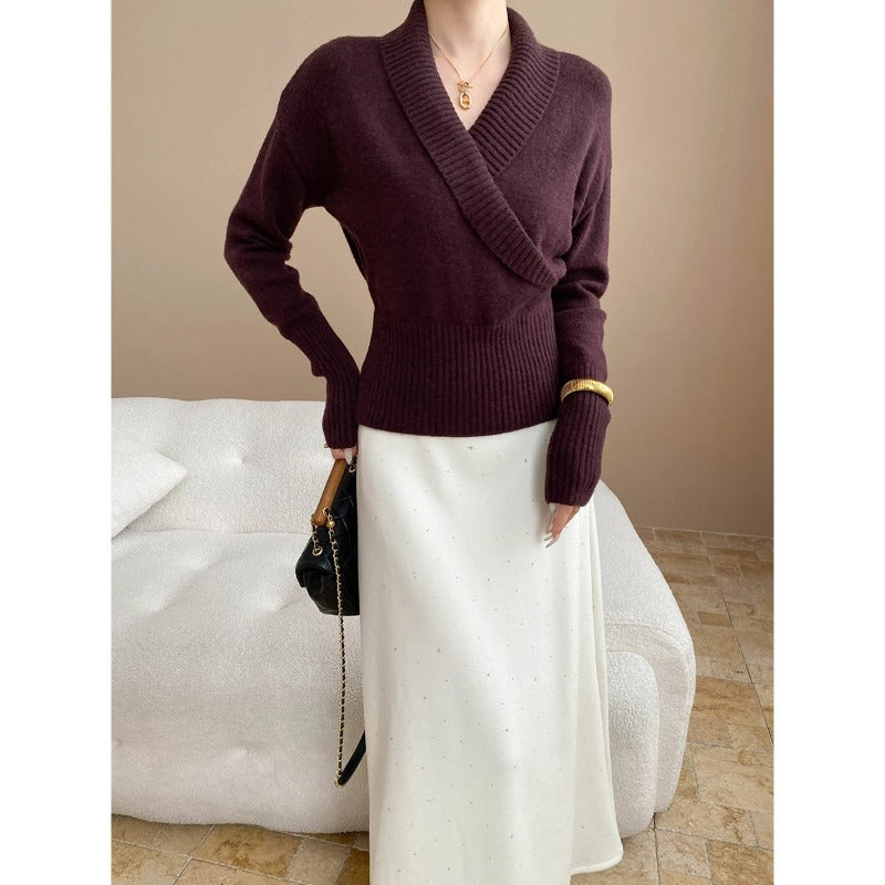 Damen Wickelpullover Breiter Rippbund Norvielle
