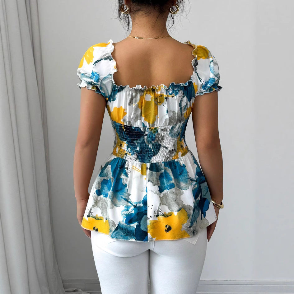Damen Bluse Elastisch Rüschen Blume Weiss