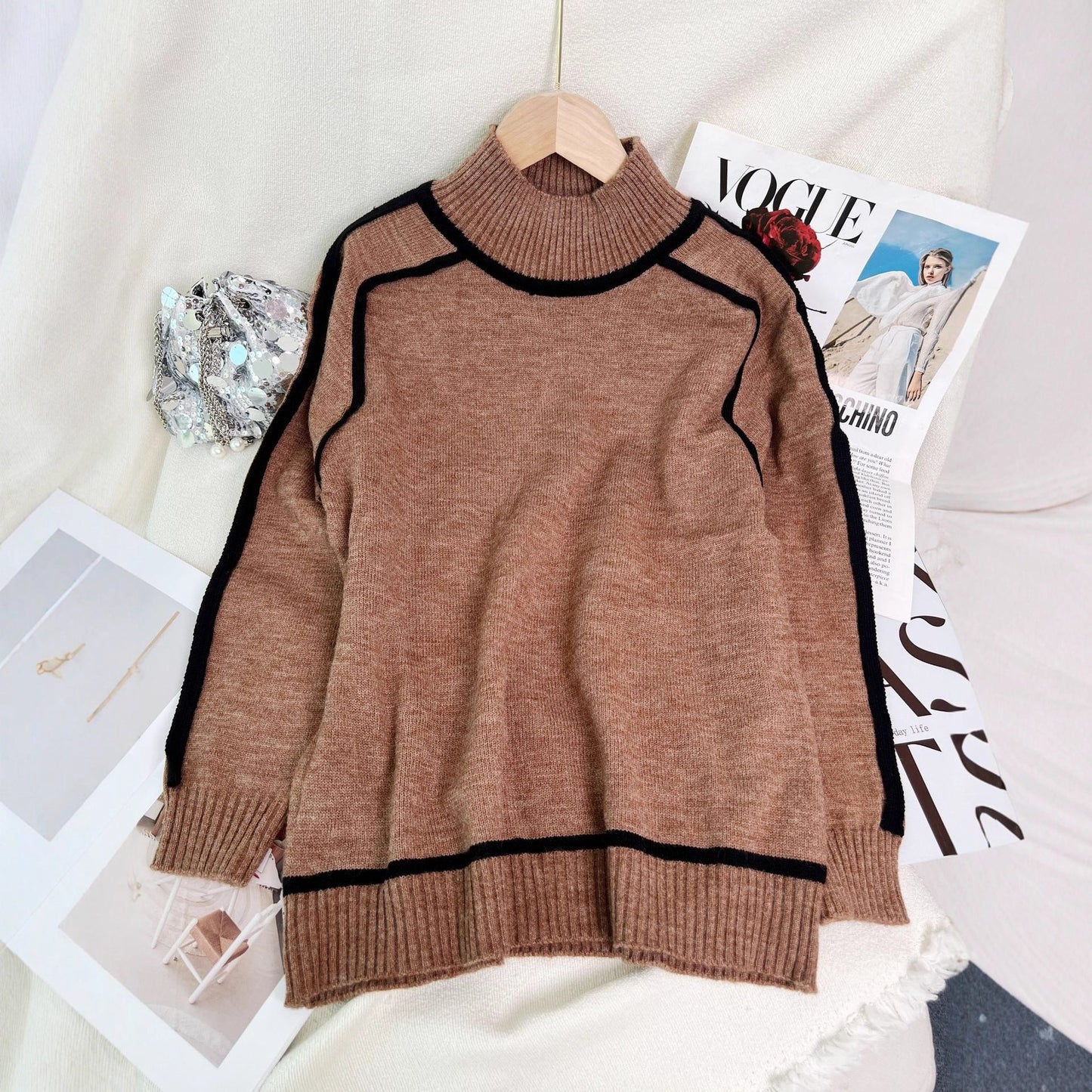 Damen Rollkragenpullover Kontrast-Saum Norvielle