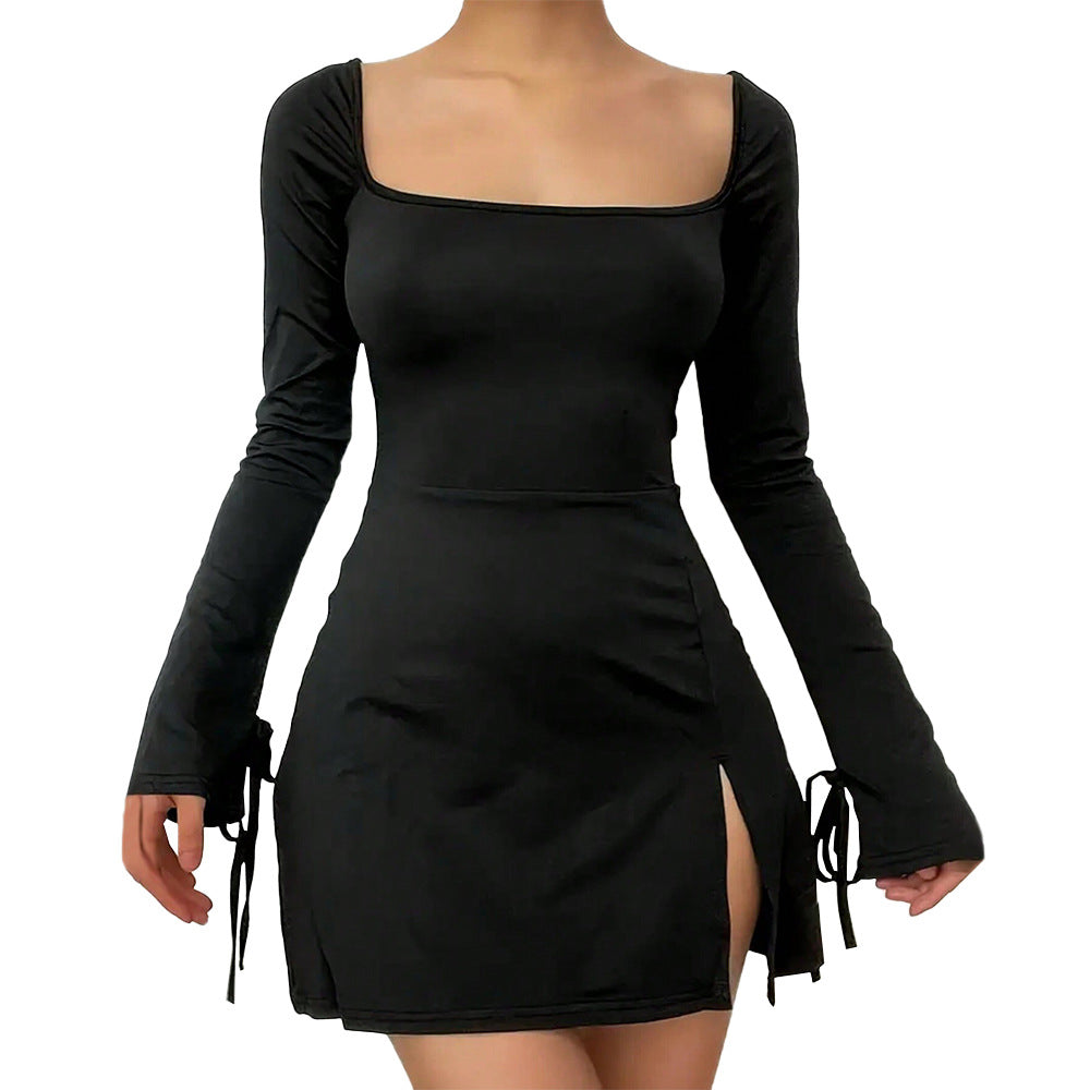 Damen Minikleid V-Ausschnitt Langer Arm Elegantes Schnüren