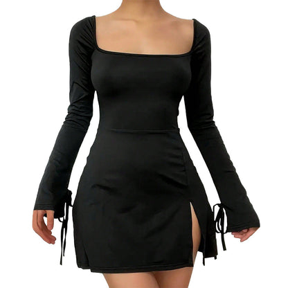 Damen Minikleid V-Ausschnitt Langer Arm Elegantes Schnüren