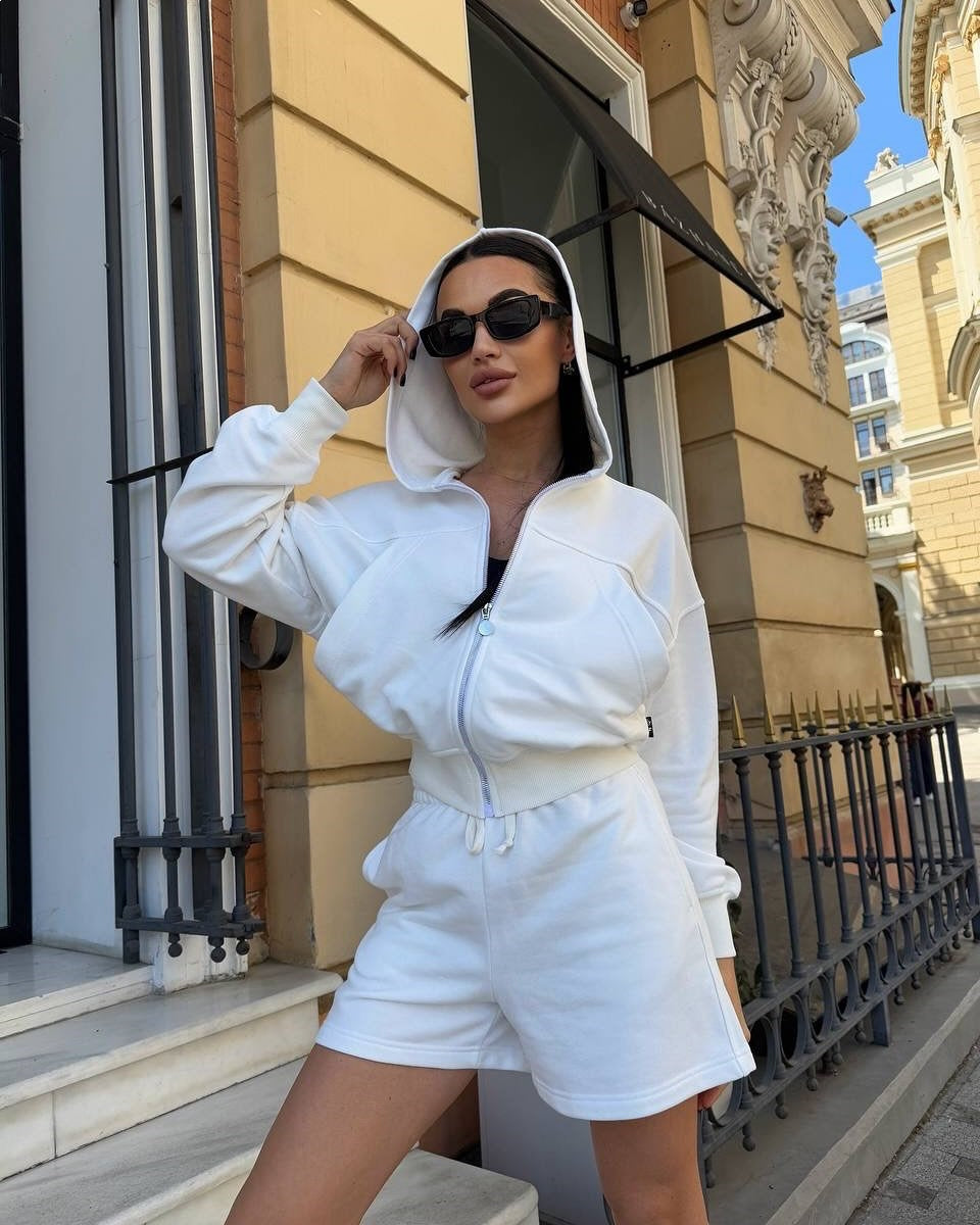 Damen Sportliches Zweiteiler-Set Kurzarm Jacke und Shorts