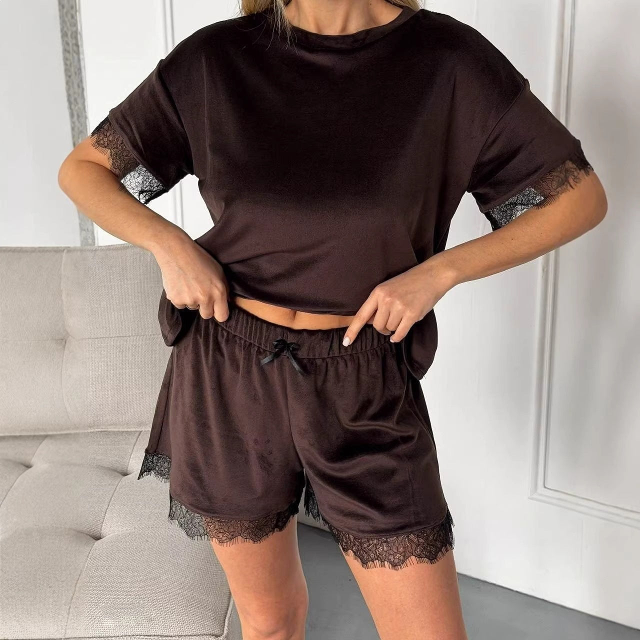 Damen Schlafanzug Set Spitzendetails Weiß - Norvielle