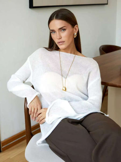 Damen Off-Shoulder Pullover Feinstrick Weit Schnitt Beige