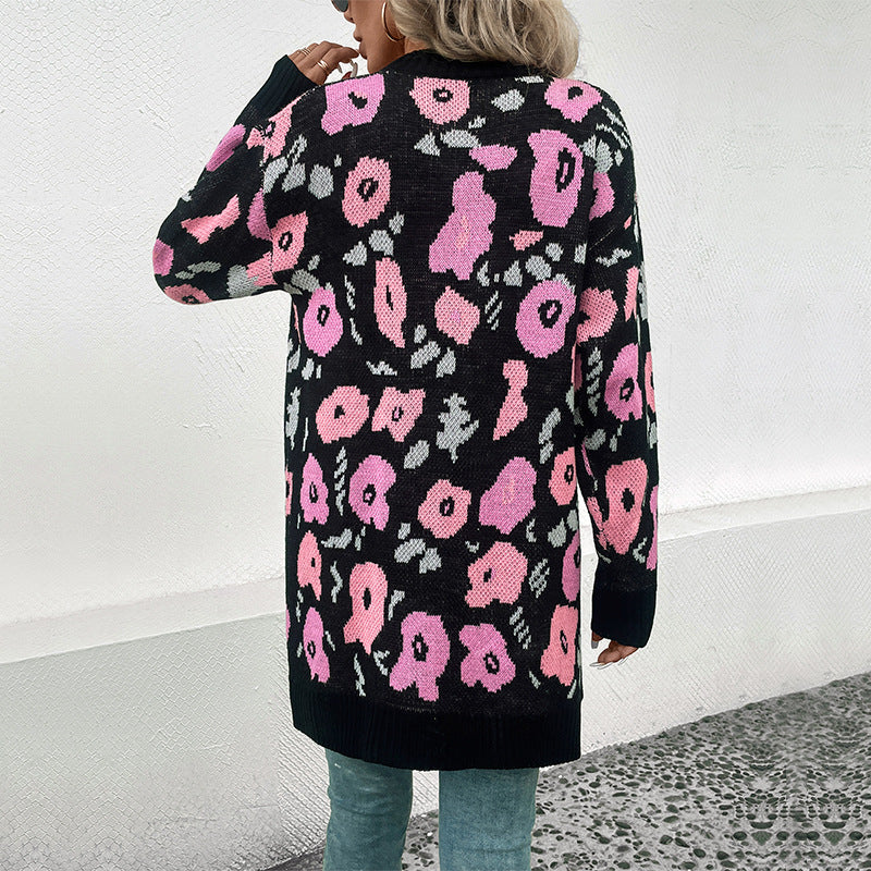 Damen Strickjacke Offener Schnitt Florales Muster Beige