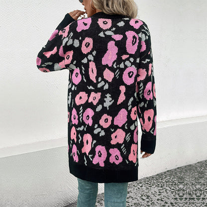 Damen Strickjacke Offener Schnitt Florales Muster Beige