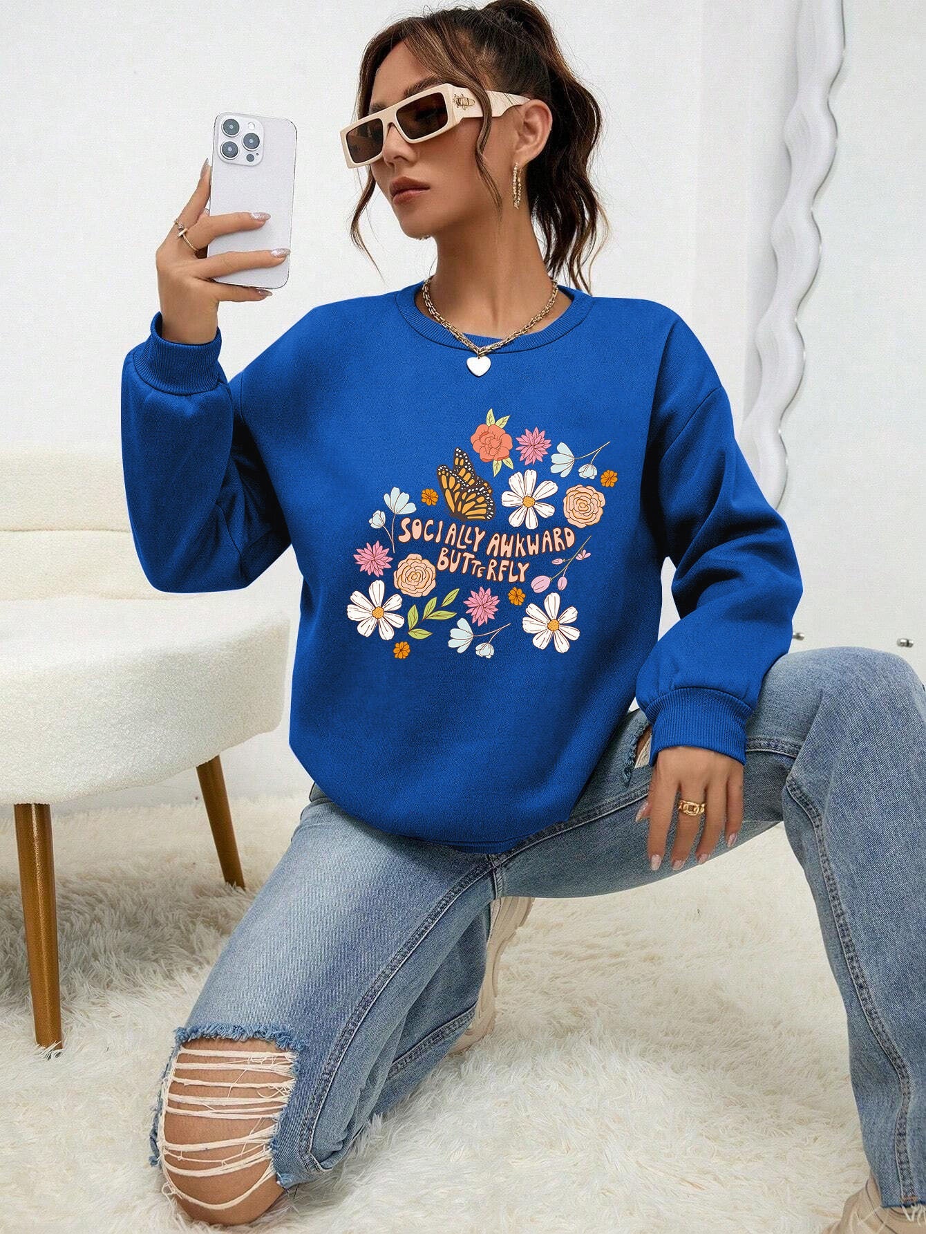 Damen Sweatshirt Floralmuster Baumwolle Weiß
