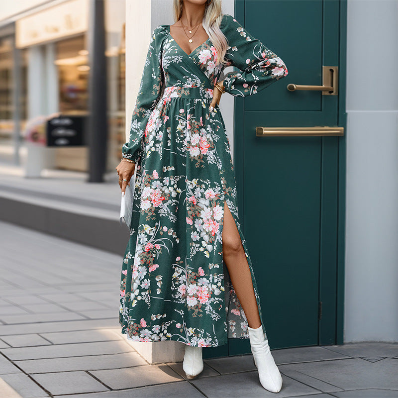 Damen Maxikleid Floralmuster Schlitz dunkel