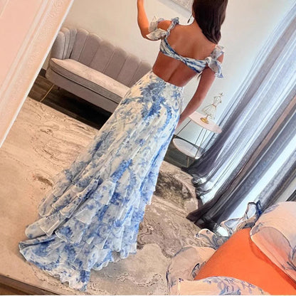 Damen Maxi-Kleid Voluminöse Rüschen Florales Design