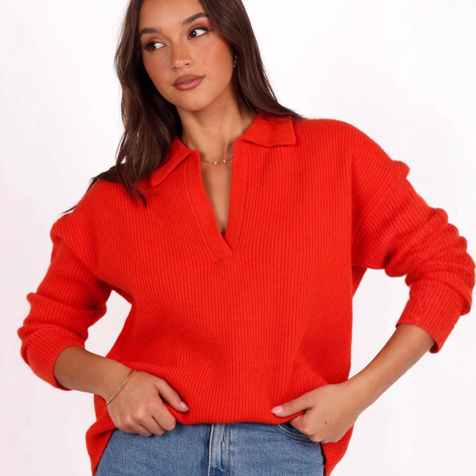 Damen Oversized Pullover V-Ausschnitt Feine Rippenstruktur Beige