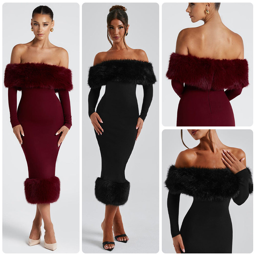 Damen Kleid Figurbetont Kunstfell Akzent Schwarz - Norvielle