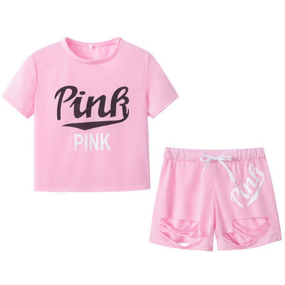 Damen Sportset Weites T-Shirt und Shorts Kontrast-Aufdruck Grau