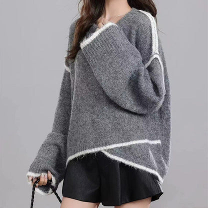 Damen Strickpullover Lockerer Schnitt Kontrastrand Norvielle
