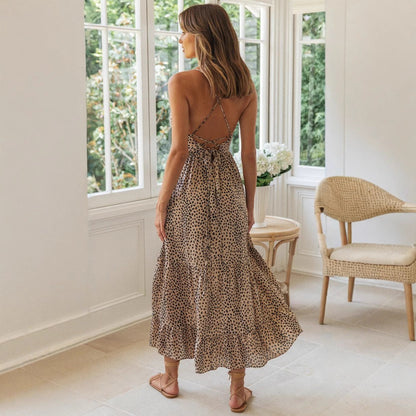 Damen Boho-Kleid Leopard-Print Spitze Träger Fließend