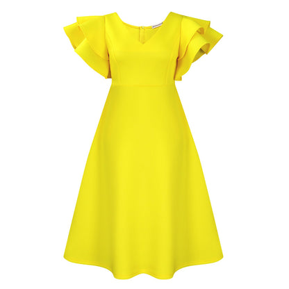 Damen Midi-Kleid Voluminöse Rüschenärmel Weit Rock