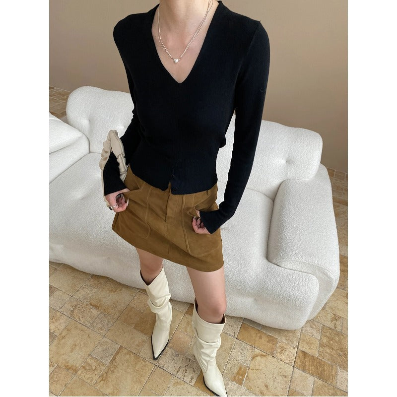 Damen Strickpullover V-Ausschnitt Norvielle Feinripp mit Knöpfen
