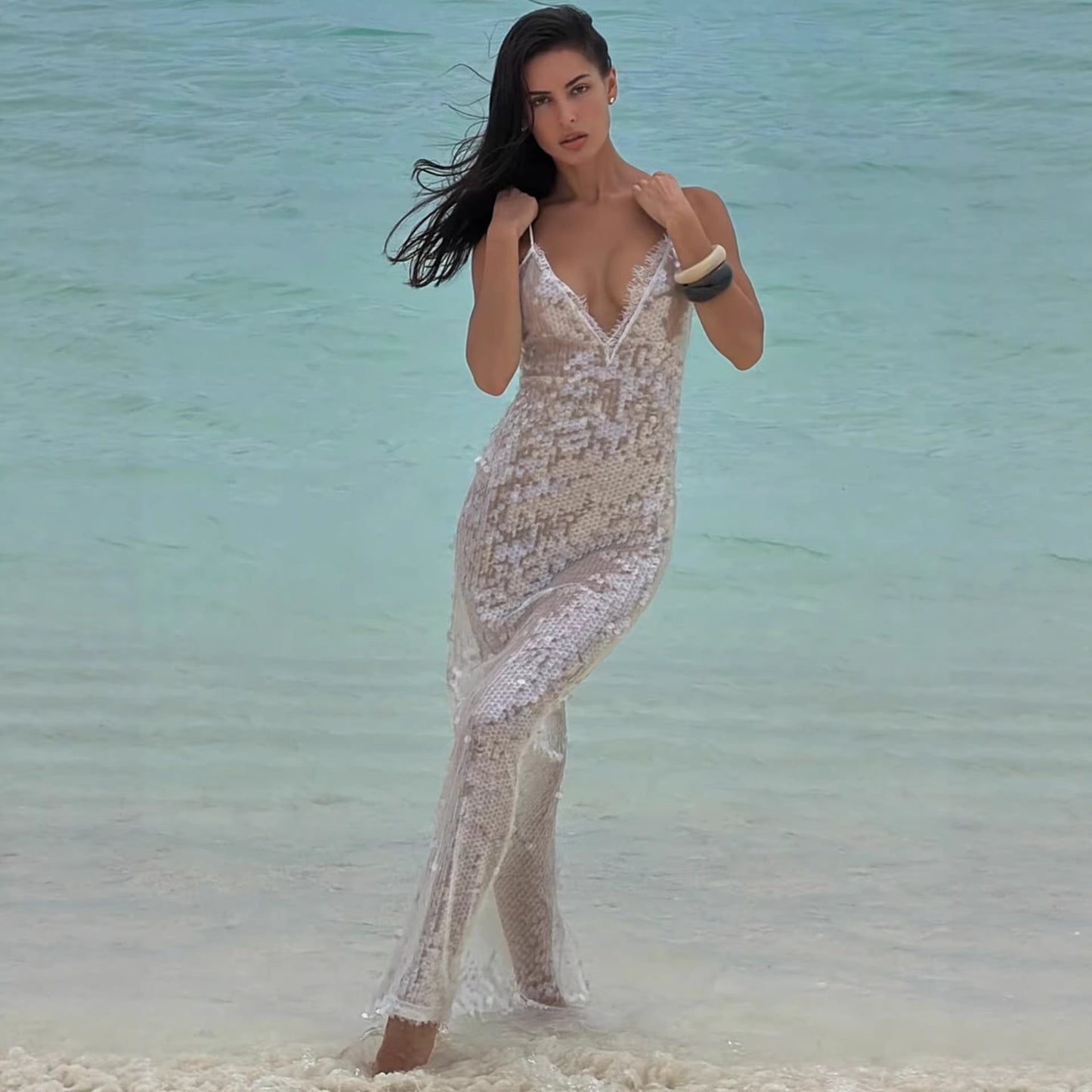Damen Strandkleid Glitzernd V-Ausschnitt Spaghettiträger Norvielle
