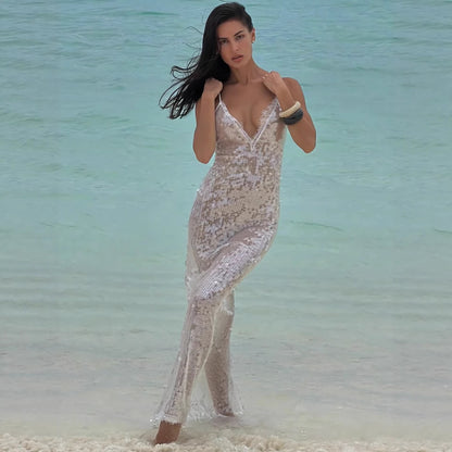 Damen Strandkleid Glitzernd V-Ausschnitt Spaghettiträger Norvielle