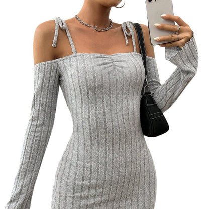 Damen Minikleid Schulterfrei Rippstrick Norvielle