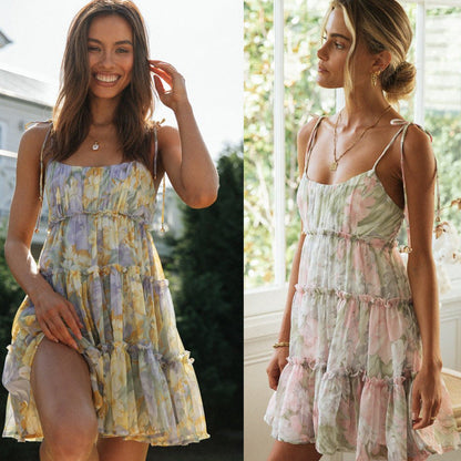 Damen Sommerkleid Luftig Rüschen Spaghetti-Träger Norvielle - Norvielle