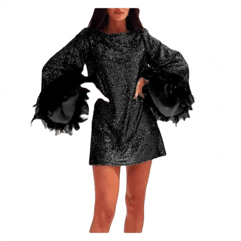 Damen Minikleid Pailletten Federn