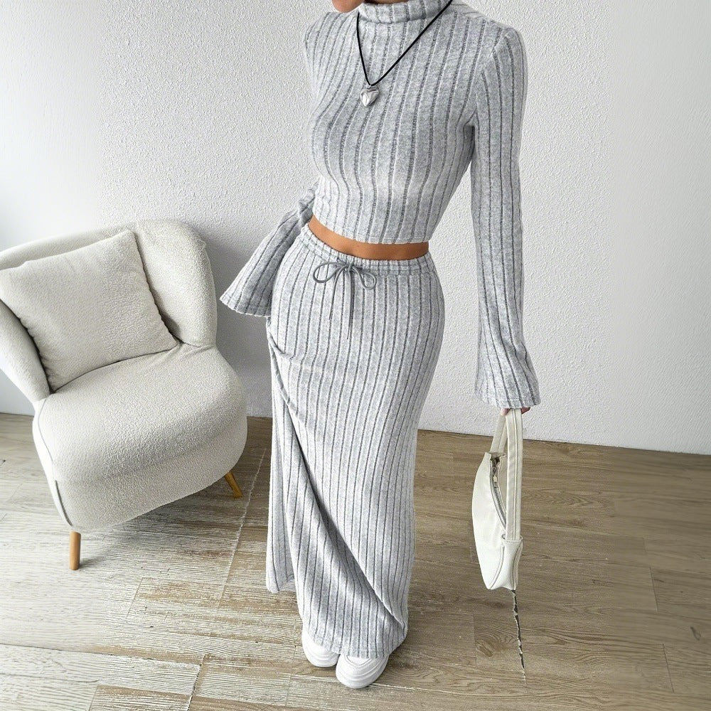 Damen Langarm Crop- und Maxi-Rock Set Rippstruktur Elegant