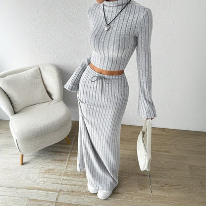 Damen Langarm Crop- und Maxi-Rock Set Rippstruktur Elegant
