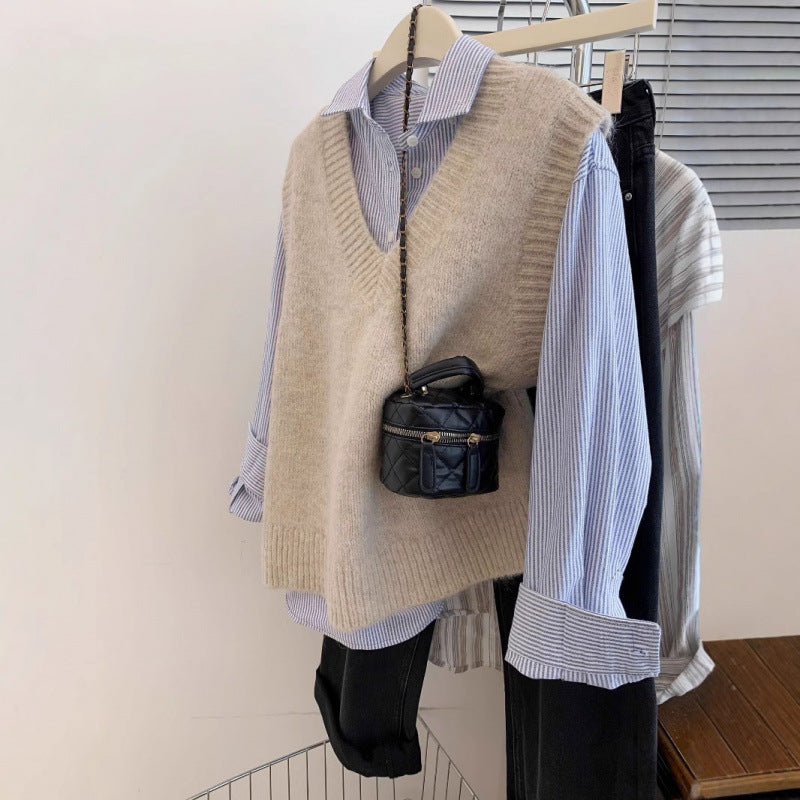 Damen V-Ausschnitt Strickpullover Lässiger Denim Look