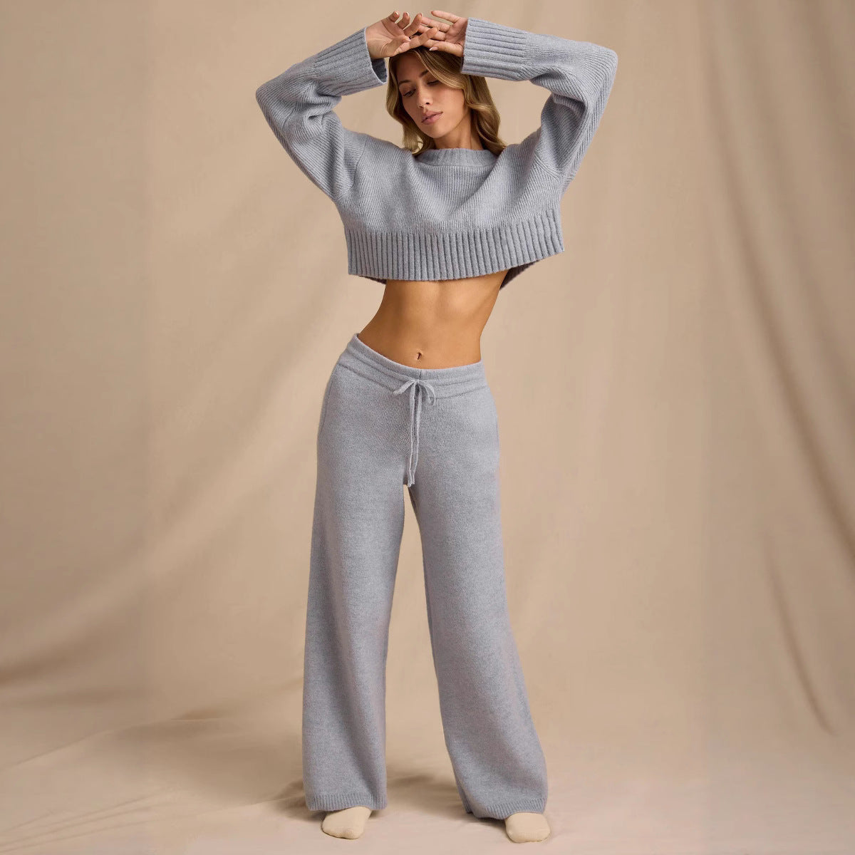 Damen Strick-Set Cropped Pullover Weite Hose Norvielle