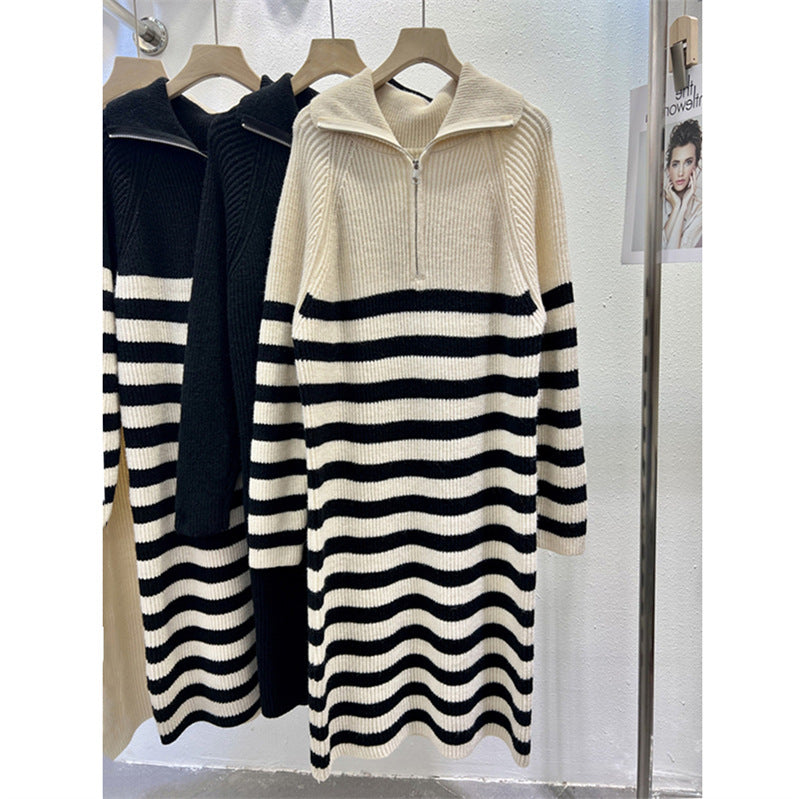 Damen Strickkleid Stehkragen Halb-Reißverschluss Norvielle