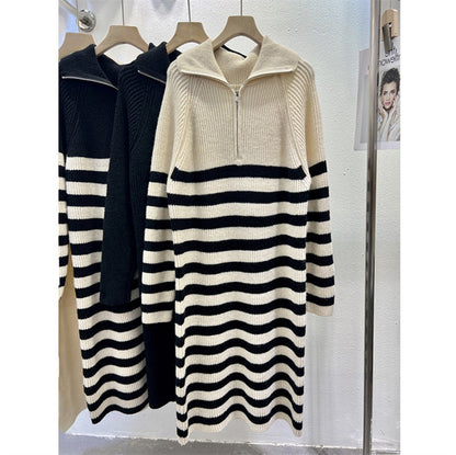 Damen Strickkleid Moderner Stehkragen Reißverschluss