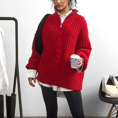 Damen Grobstrickpullover Zip-Kragen Zopf-Design Norvielle