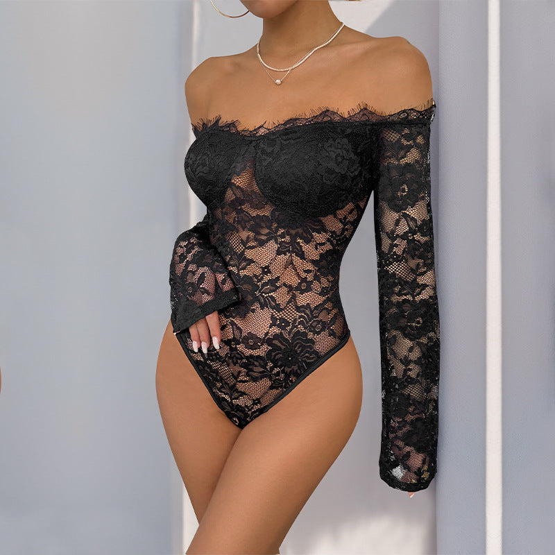 Damen Off-Shoulder-Body mit Spitze und langen Ärmeln Norvielle