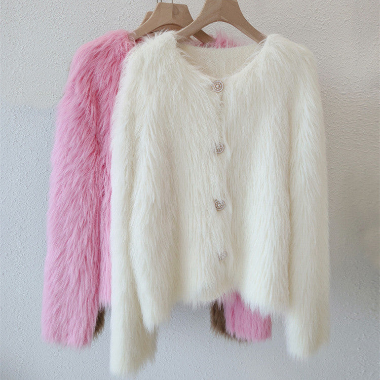Damen Strickjacke Flauschig Mit Knöpfen Beige