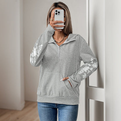 Damen Kapuzenpullover Floralmuster Dekorativer Reißverschluss Schwarz - Norvielle