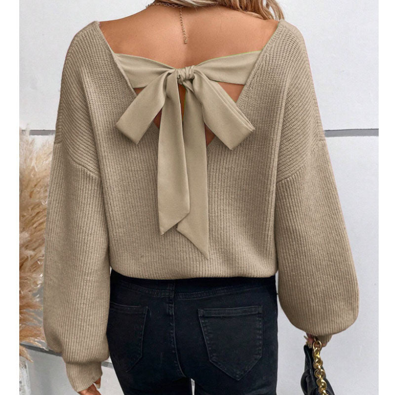 Damen Strickpullover V-Ausschnitt Dekoratives Schleifendetail