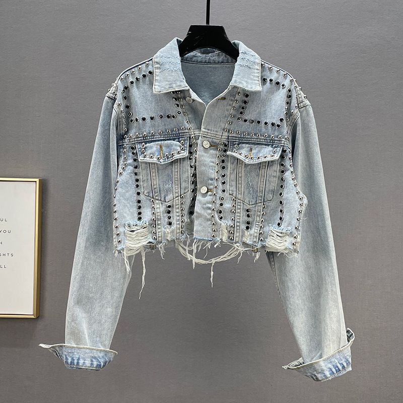 Damen Denimjacke Nieten Fransen