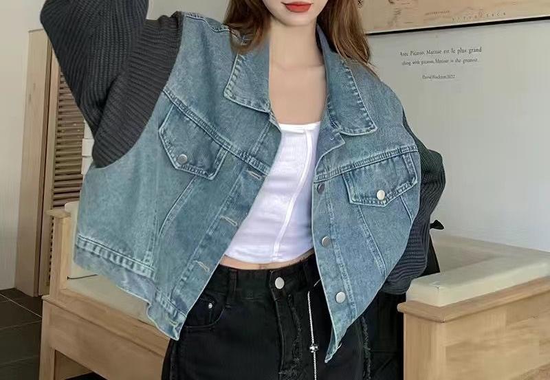 Damen Oversized Denimjacke Strickdetails