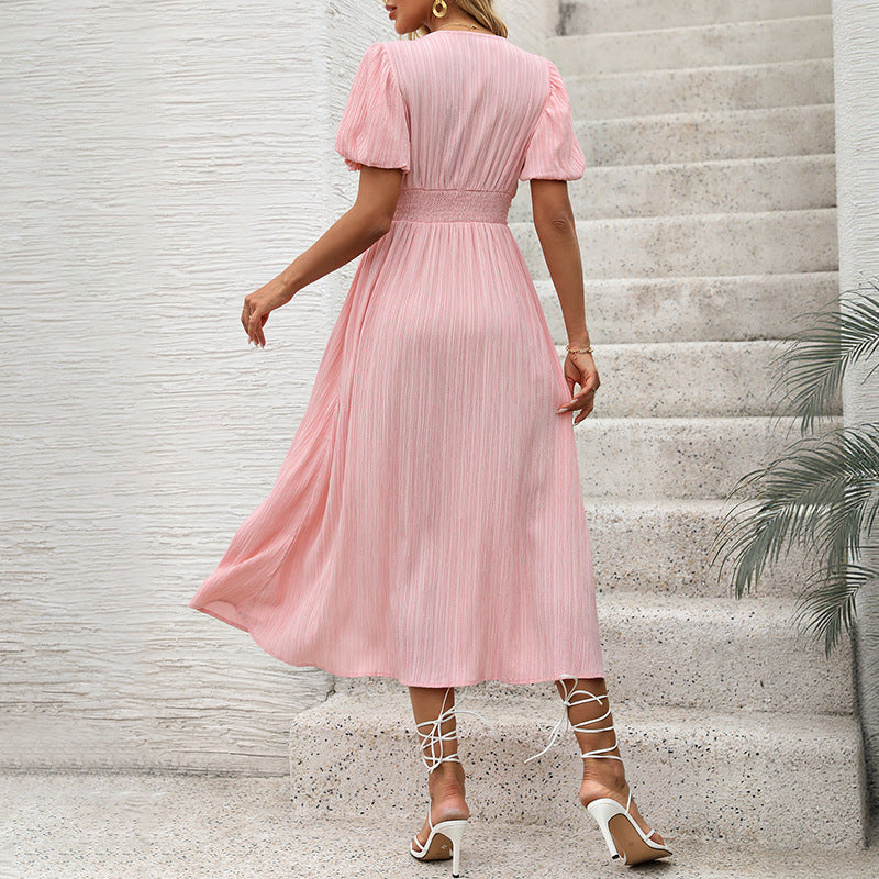 Damen Maxikleid V-Ausschnitt Knöpfe Norvielle